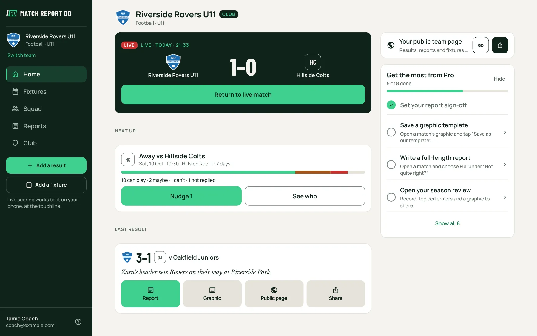 Match Report GO on a computer: the team's Home in two columns, with the sidebar, the next fixture, live scoring and the latest result.
