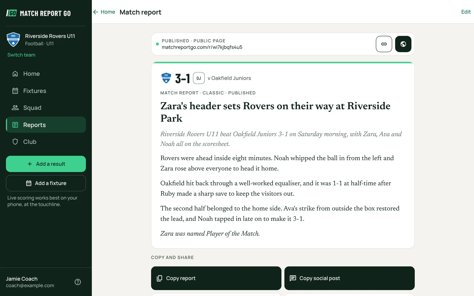 A match report on a computer, ready to read through, edit and publish.